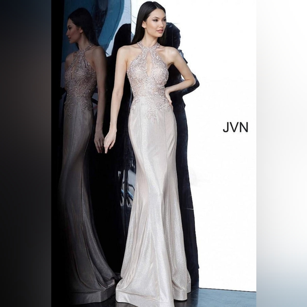 Jovani #02746 Shimmering Halter Style Prom Gown, Nude, Size 2